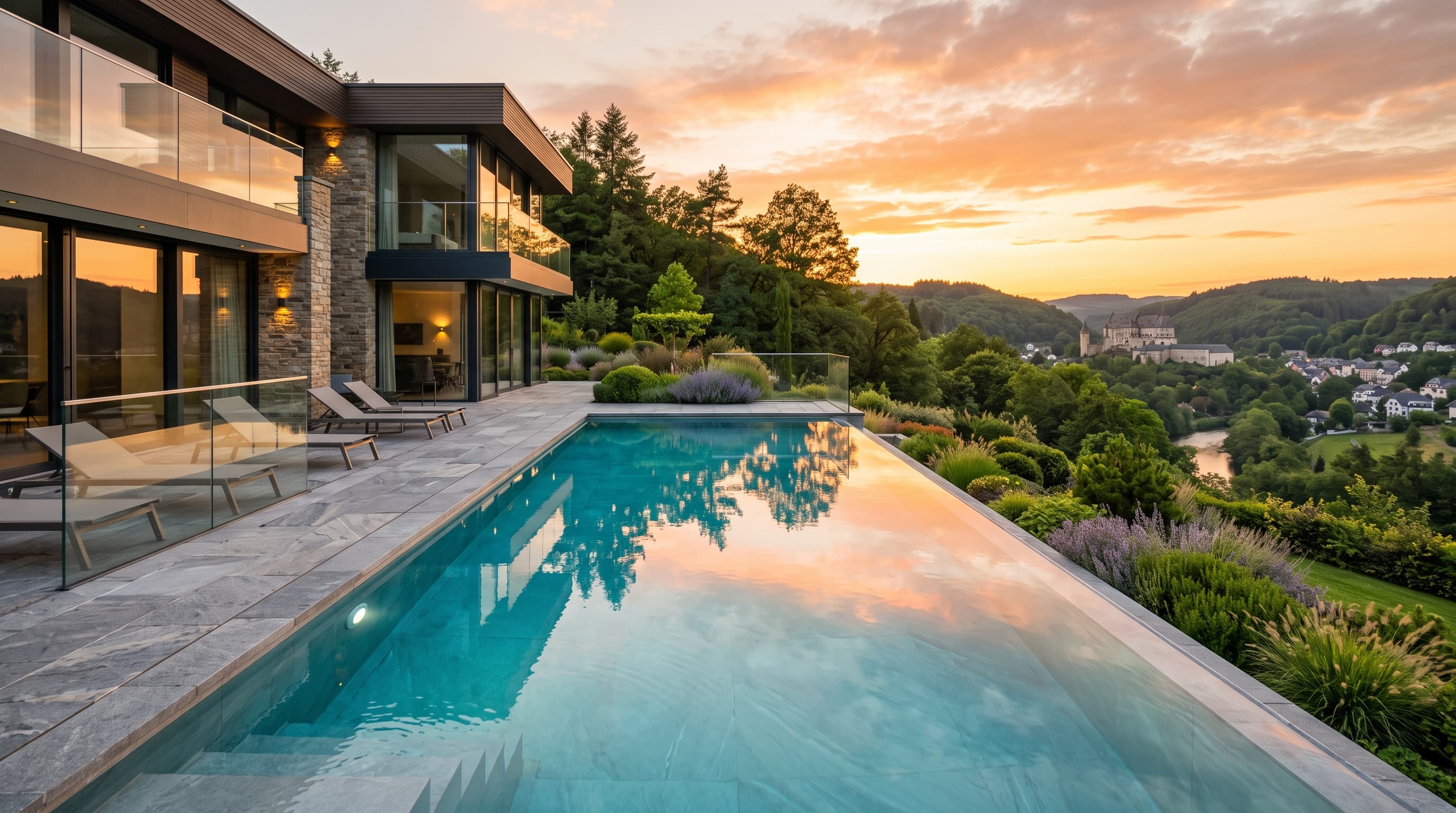 Piscine à débordement d'une villa au Luxembourg au coucher du soleil