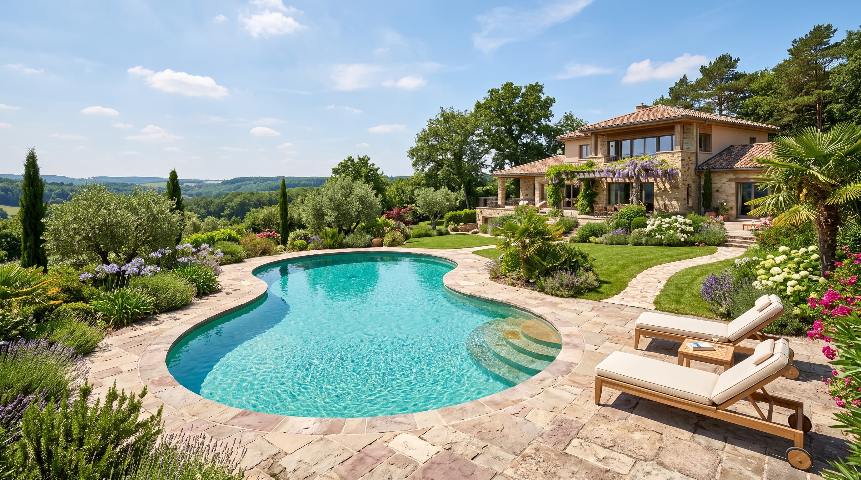 Jardin luxembourgeois avec piscine turquoise