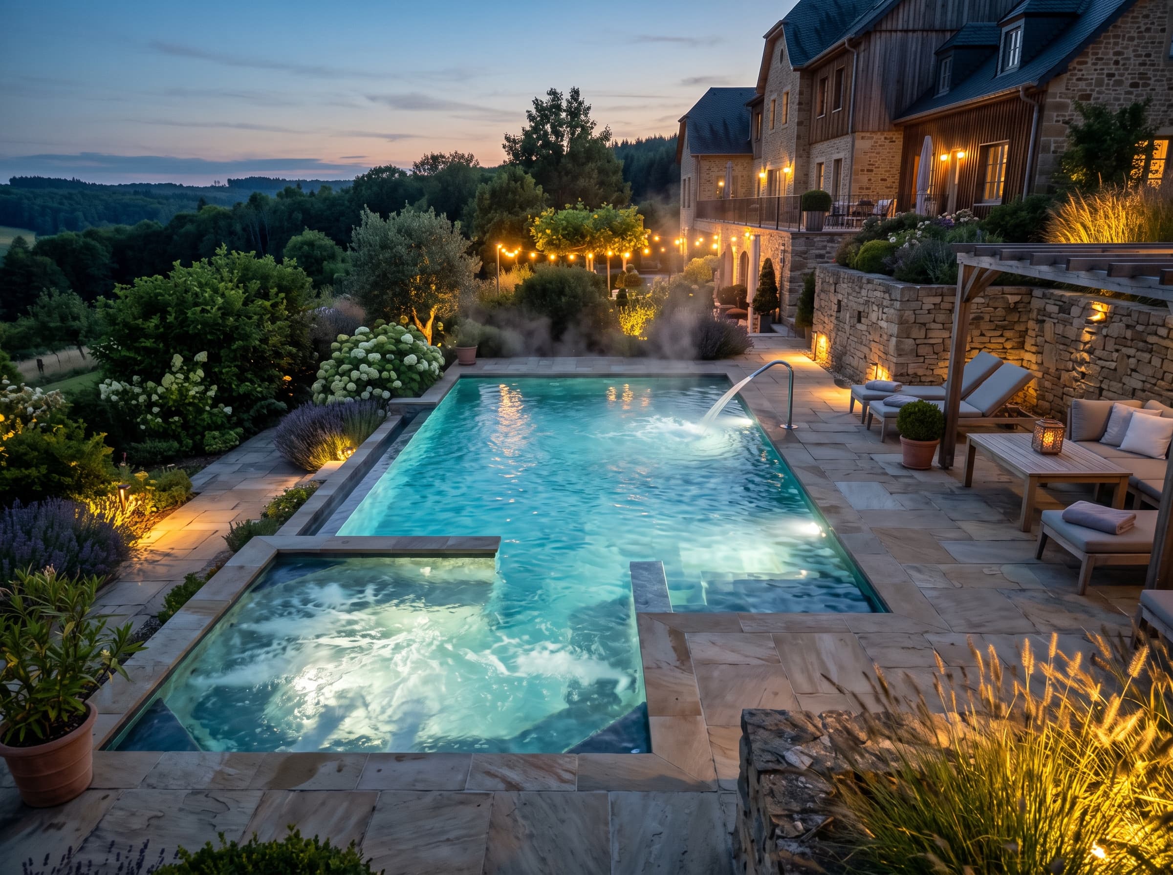 Espace spa et wellness extérieur au crépuscule